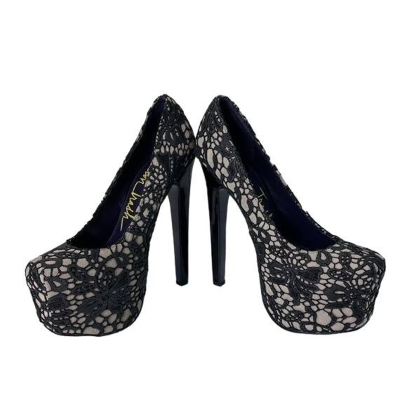 London Trash Shoes - London Trash Super High Platform Heels, Black Lace Overlay, Sz 7